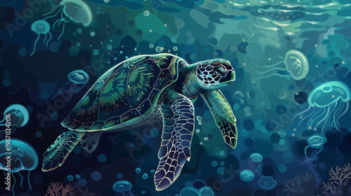Underwater scene turtle swimming with jellyfish aquatic illustration