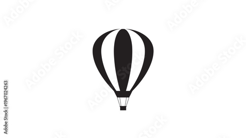 Hot air balloon with black and white stripes and a basket, isolated on a white background, representing travel.