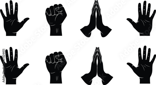 Silhouette human hands, gesture illustration vector, black and white art design, expressive communication, peace sign, pointing finger, open palm, anatomical heart graphic