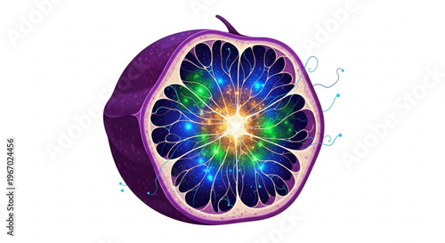 Vibrant Digital Core within a Mysterious Abstract Fruit Illustrating Innovation, Energy, and Organic Technology Fusion