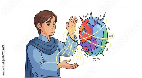 An imaginative young person creating a colorful, cosmic energy orb with glowing magical threads, illustrating creativity and otherworldly power