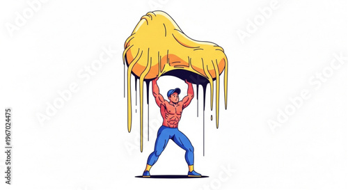 Man lifting a massive, dripping blob of yellow cheese over his head with immense effort and strain
