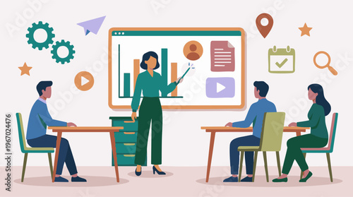 Female instructor presenting business data to diverse students in a classroom