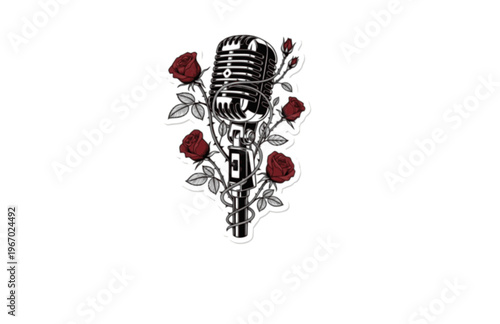 Botanical Vintage Microphone Silhouette Sticker, Dark Academia Musical Rose Vector, Edgy Alternative Vocalist Illustration