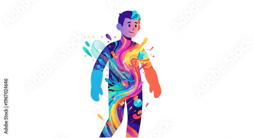 Dynamic and expressive illustration of a person radiating a vibrant spectrum of colorful splashes, symbolizing creativity, individuality, and a lively spirit