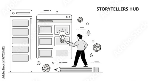 Creative man designer planning storyboard frames scene ideas for video film production narrative script project development