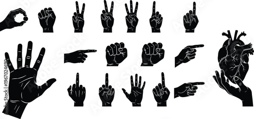 Silhouette human hands, gesture illustration vector, black and white art design, expressive communication, peace sign, pointing finger, open palm, anatomical heart graphic