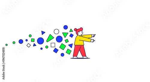 Dynamic illustration of a person generating and influencing a stream of evolving geometric shapes, symbolizing data processing and innovative thinking for modern solutions