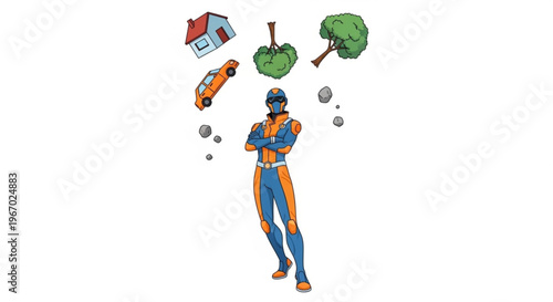 Vibrant illustration of a superhero-like character expertly juggling a house, car, and food items, symbolizing the challenging act of balancing life's responsibilities and financial management