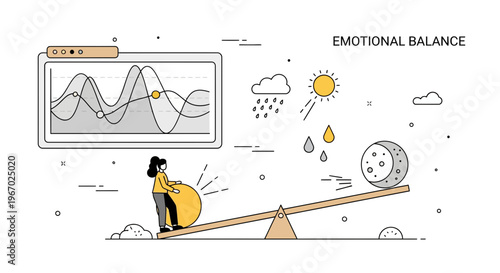 Daily mood tracker app interface showing emotional balance woman balancing sun moon and mental health graph