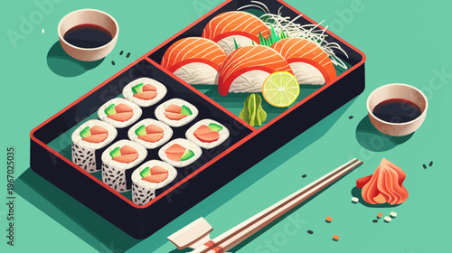 Delicious sushi arrangement with salmon nigiri and maki rolls on a teal surface