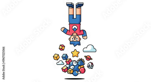 Whimsical illustration of a person falling upside down amidst a cascade of colorful geometric shapes and icons, evoking a sense of playful disorientation and imagination