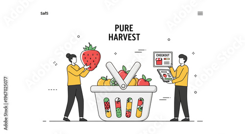 Pure food web page set with man and lady buy some big red fruit now