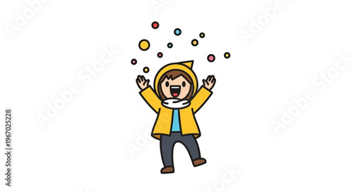 Joyful child in yellow coat playing with colorful bubbles in the air, celebrating outdoor activities and childhood fun