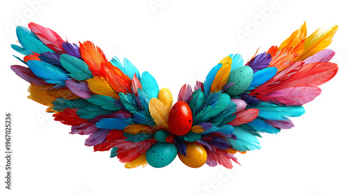 Large Easter egg with soft shadow and feather wings isolated