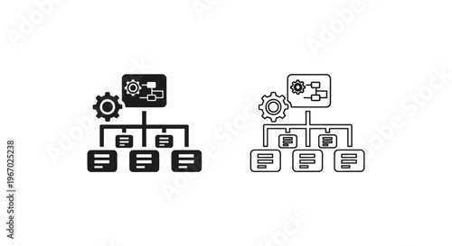 a black and white flowchart with gears and boxes Vector