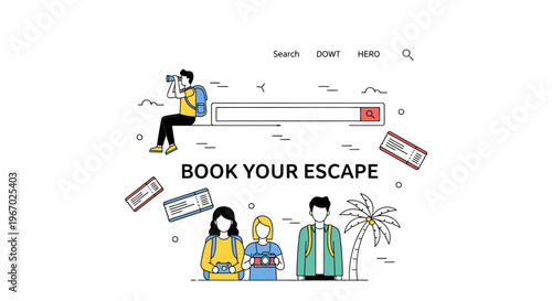 Travel search website hero banner with tourists planning vacation tickets booking escape online interface concept