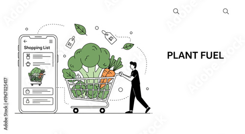 Man buy raw food with app and cart for plant fuel diet and good life