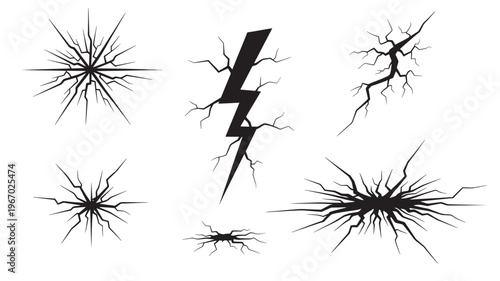 Cracks and lightning bolt graphics in black, representing damage and impact on a white background. featuring crack, breaking, broken with fracture