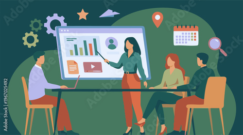 Business team meeting and presentation with data analysis and strategic planning