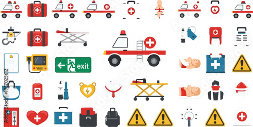 Emergency Medical Service Icon Set Featuring Ambulance, First Aid Kit, CPR, Defibrillator, Stretcher and Rescue Equipment Healthcare Vector Illustration