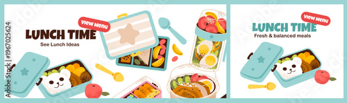 Lunch time promotional banners featuring cute bento boxes and healthy meals, perfect for food delivery ads and menu promotions.