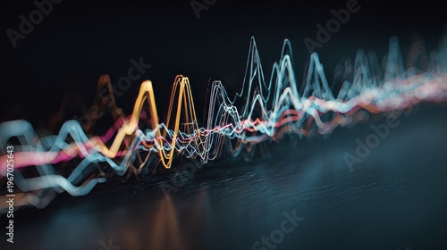 Dynamic, blurred waves of colorful light undulate against a dark, textured backdrop, creating an abstract, rhythmic pattern