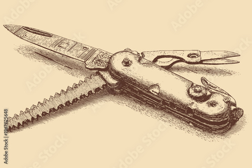 Vector icon of a classic multi-purpose pocket knife in the open position. Illustration of outdoor camping equipment.