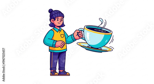 A cheerful cartoon character with determination pulls an incredibly long, flowing blue fabric, symbolizing effort, expansion, or the unfolding of a significant task