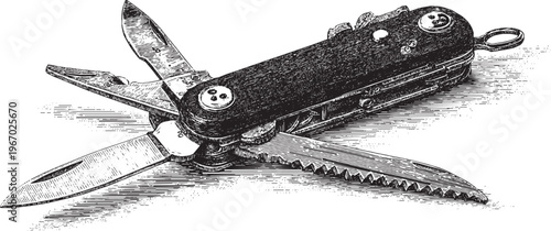 Vector icon of a classic multi-purpose pocket knife in the open position. Illustration of outdoor camping equipment.