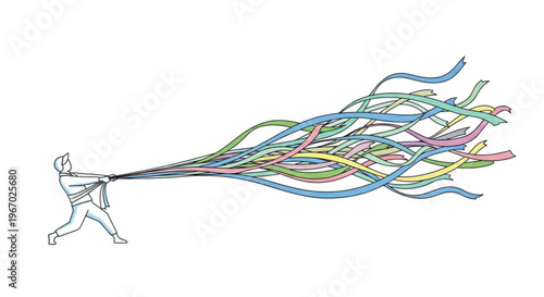 Vibrant illustration of a person pulling a large, colorful network of interwoven lines, symbolizing the management of complex data, information streams, and multiple tasks
