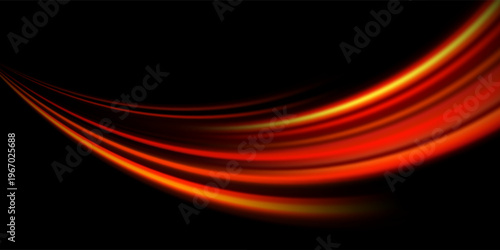 Glowing neon light trail element. Bright red orange speed line wave. Hot luminous curved path concept. Abstract bent dynamic motion stripes. Shiny fire streaks for poster, banner, flyer. Vector