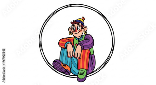 Vibrant Cartoon Clown Character in a Circle, Sitting and Smiling