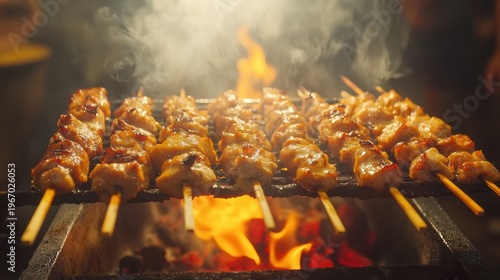 Sizzling Pork Satay Skewers on Charcoal Grill with Smoke - Street Food Delight in Warm Amber Light