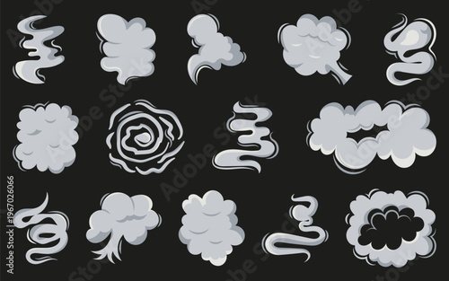 Smoke cloud shapes set. Soft stylized vapor elements with swirling forms and different density variations for effects and overlays
