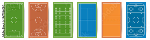 Sports field layouts set. Different court and arena markings for football basketball tennis volleyball and hockey in clean flat style