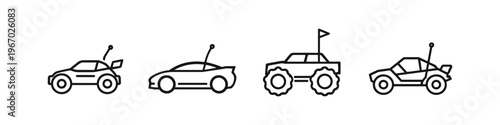 Collection of stylized remote control toy cars with antennas and flags