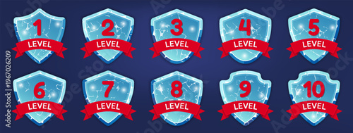 Level badge shield set. Blue glass style shields with numbers and ribbon labels for game interface progression indicators
