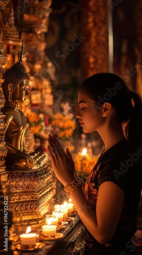 Serene Thai Woman Performing Wai Gesture to Decorated Buddha Statue in Dimly Lit Temple with Candlelight Glow.