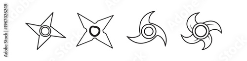 Collection of four stylized throwing stars and ninja weapons in outline style