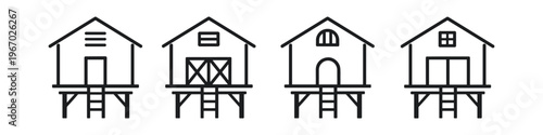 Collection of simple line art icons representing stilt houses with varied architectural details