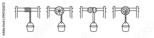 Illustrations of different well pulley systems with buckets for lifting water