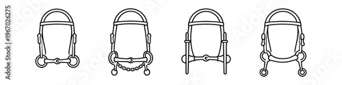 Collection of four different horse bridle bits and headgear illustrations