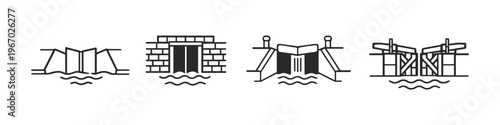 Collection of simple line art icons representing different types of water locks and dams