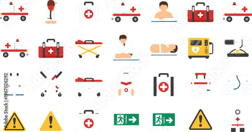 Emergency Medical Service Icon Set Featuring Ambulance, First Aid Kit, CPR, Defibrillator, Stretcher and Rescue Equipment Healthcare Vector Illustration