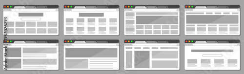 Website wireframe layouts collection. Various browser page structures with content blocks navigation panels and interface elements