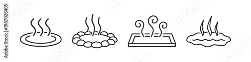 Collection of four simple line icons representing hot springs and steaming water