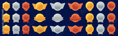 Award badge icons set. Metallic medals and shields with wings and ribbons for achievement and recognition design elements