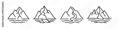 Set of four minimalist mountain range icons with wavy water below