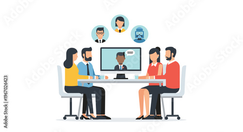 Four business people sit around a white table, viewing a monitor with a video call participant and three floating profile icons.
